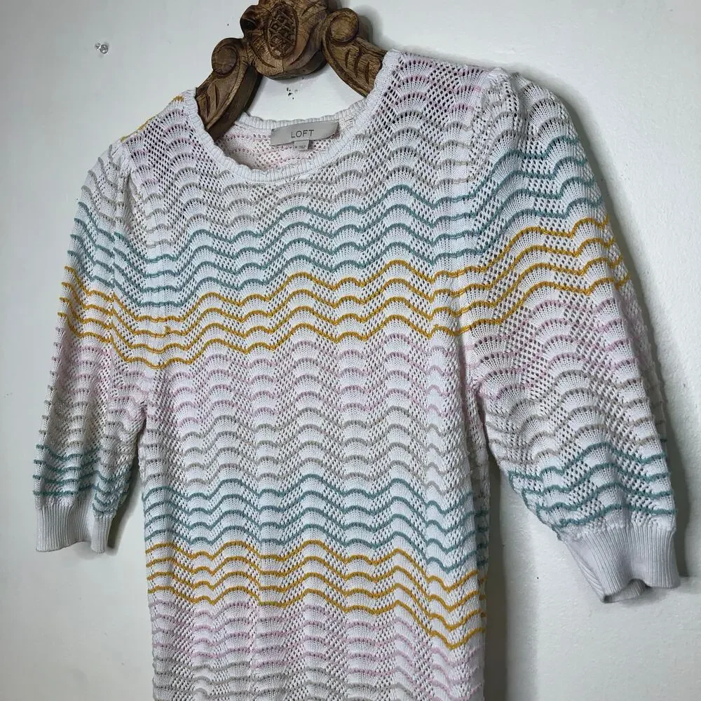 LOFT Top Crochet Scallop Puff Sleeve Knit Blouse Pastel Mermaid Core Medium